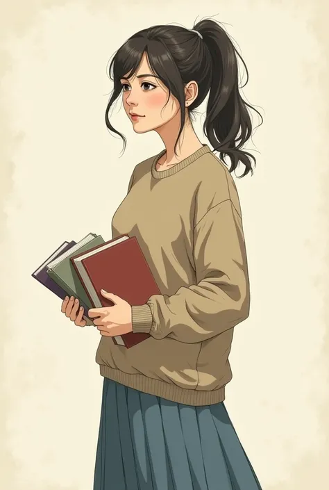 I want an old drawing of an older girl wearing a closed khaki sweater and a long, slightly tight denim skirt, with her hair tied in a ponytail but medium hair, and her features are a bit Asian, and she has books in her hand, one hand holding the books and ...