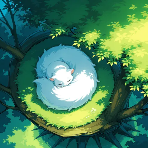 masterpiece, Tree Hollow, Two chipmunks sleeping hugging each other in a tree hollow, very fluffy, striped, with big fluffy tails, from above, fantasy art