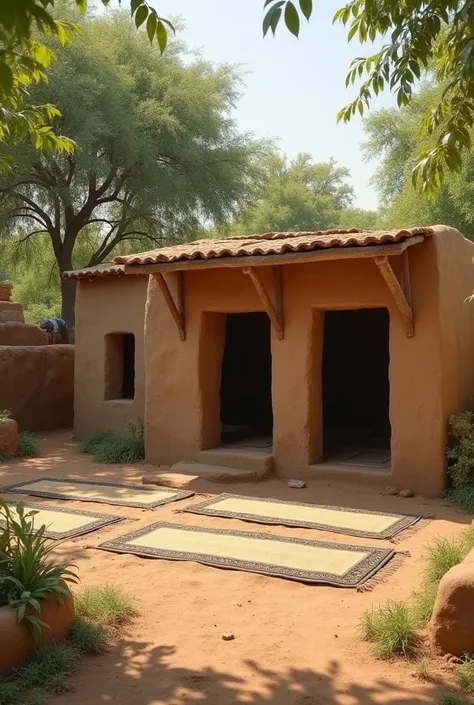 Village Scene with a Mud House
A simple rural village setting with a newly built mud house. The house is surrounded by lush greenery, and a small mosque with seven prayer mats is visible inside. The atmosphere is warm and peaceful, depicting a humble yet s...