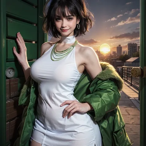 ((((bbw  )))) a woman in a dress and a fur coat, breasts, smile, short hair, bangs, large breasts, black hair, bare shoulders, green eyes, earrings, necklace, off shoulder, hand on hip, covered navel, side slit, green dress, sunset, clock, white coat, taut...