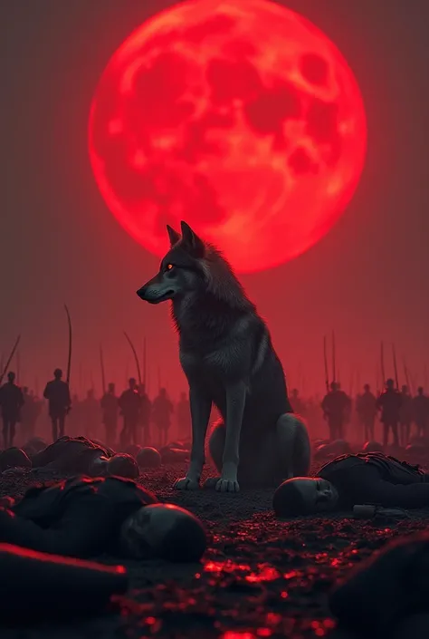 Lone wolf, under the bog red moon, standing in a many dead soldiers 