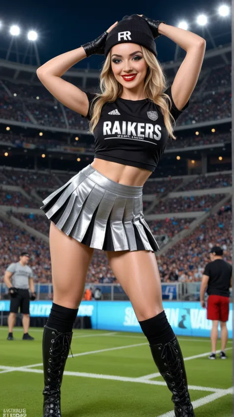 Ultra-realistic photo of a **Las Vegas Raiders cheerleader** in mid-action during an NFL game, 8k resolution, cinematic lighting, sharp focus.  
**Details:**  
- **Uniform:** Sleek black jersey with silver metallic accents, Raiders logo embroidered on the ...