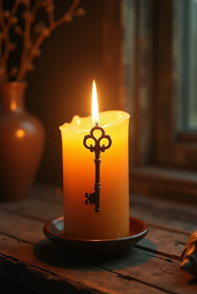 A honey candle with an old key