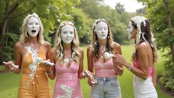 A photorealistic image of four beautiful young women having a pie fight in a garden.