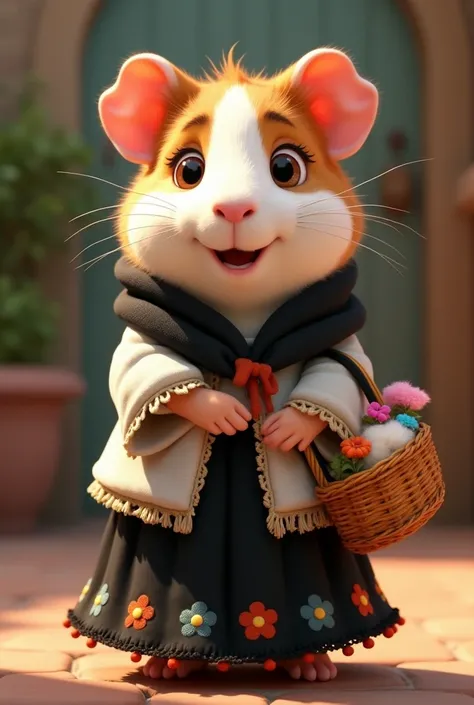 A guinea pig who wears a white bolero blouse with a black shawl with colored fringes on the tips and that covers her arms, a long black skirt that has flowers embroidered on its edge, is cheerful and with bright eyes, her style is lively and very cute, she...