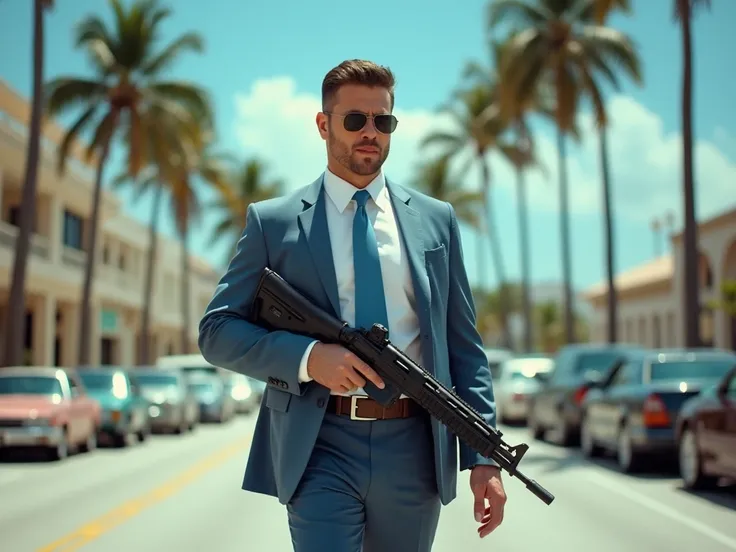 80s crime boss with short combed hair and without a beard walking through the streets of Miami Beach armed with a machine gun dressed in a jacket, pants and blue tie with a white shirt on a blue sky day