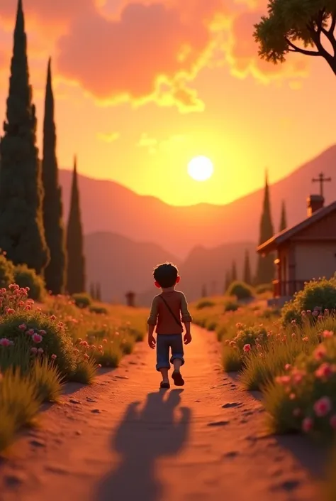 "A 3D illustration of Elias walking along a dirt road at sunset. He wears simple clothes and looks downcast, but there is a soft light ahead indicating hope. The scene includes trees, mountains in the background, and a distant house."