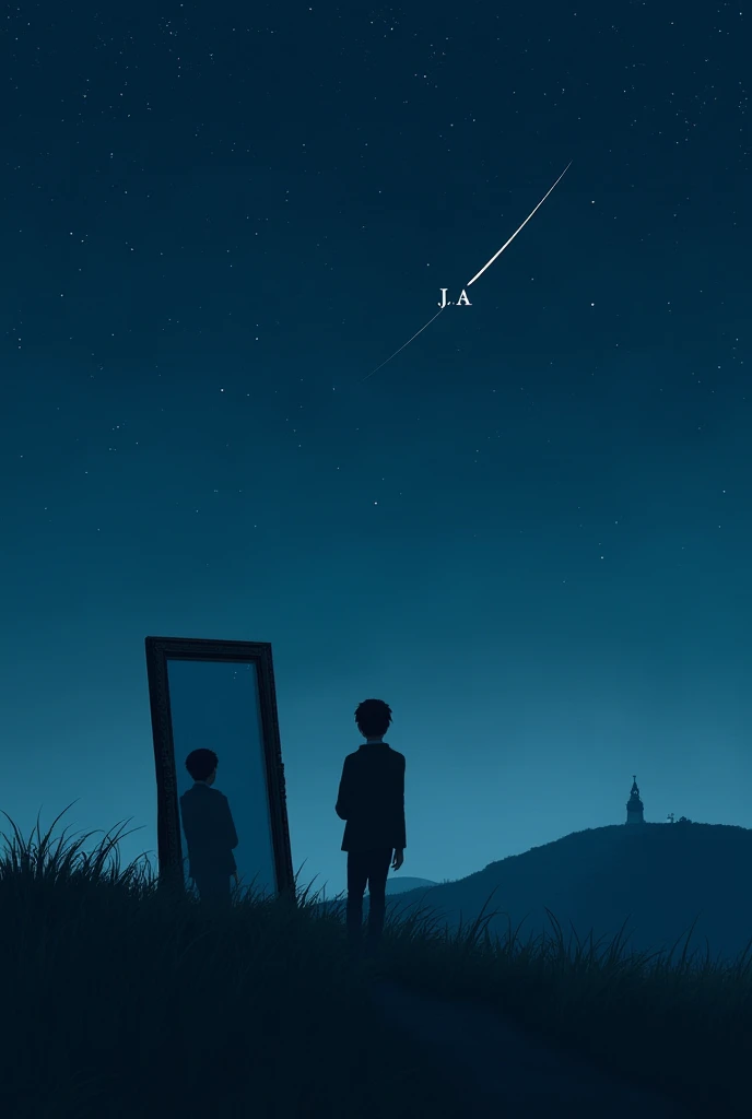 A mysterious and meaningful digital painting. A young man stands on a quiet hill at night, gazing at a vast, starry sky. Among the stars, subtle constellations form hidden initials "J.A.," blending naturally into the cosmic background. A shooting star stre...