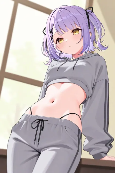 masterpiece、Alone,  1girl , Vspo , Sinomiya Runa, vtuber, light purple hair, yellow eyes, short hair, short hair, side twintails , 8k, best qualit、grey jersey 、 Slim、I can see string panties、Grey Pants、Sexy clothes