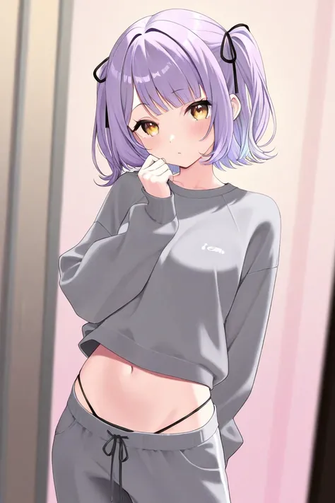 masterpiece、Alone,  1girl , Vspo , Sinomiya Runa, vtuber, light purple hair, yellow eyes, short hair, short hair, side twintails , 8k, best qualit、grey jersey 、 Slim、I can see string panties、Grey Pants、Sexy clothes