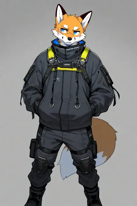 male furry fox, techwear, blue eyes, 1 boys, 1 scars on eyes, simple backgrounds