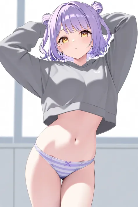 masterpiece、Alone,  1girl , Vspo , Sinomiya Runa, vtuber, light purple hair, yellow eyes, short hair, short hair, side twintails , 8k, best qualit、grey jersey 、Sexy clothes、Striped Panties