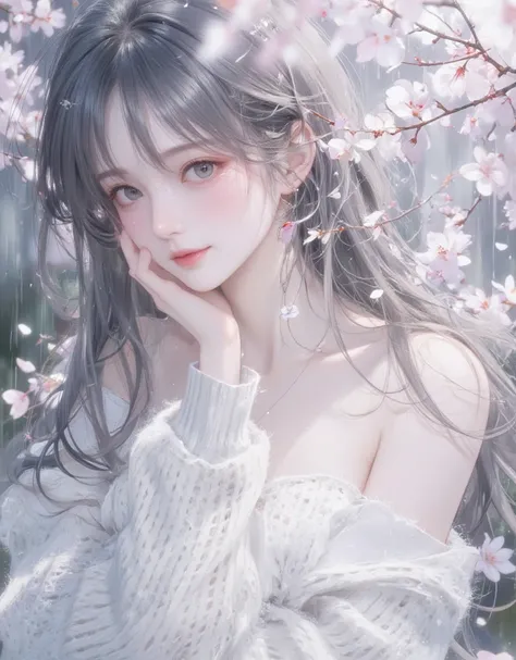 ((( Masterpiece))),  top quality,  Illustration of ,  4k wallpaper ,   cinematic light  ,  1 girl,(rain), white傘をさしている, 髪がrainで濡れている,In the spring, Gray Hair,  shiny hair,  wave hair,  on a panett's fluffy(((white)))((( wool sweater)))Mini dress by,off_sho...