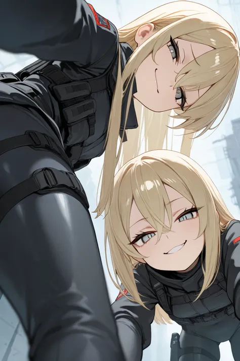 2girls, twins, thick thight, mesugaki, smug, blonde, grey eyes, hair between eyes, long straight hair, small pupils, black bodysuit, tactical cloth, black coat, looking at viewer, from below, leaning forward