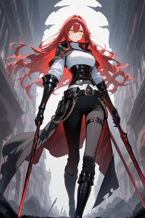   1 girl, golden eyes,   red hair top, very long red hair , Cool,   beautiful,   black pants with pockets on the sides, Weapon belt around the waist , white top with black corset ,  black boots,  black daggers in the hands, mysterious atmosphere, in the ba...