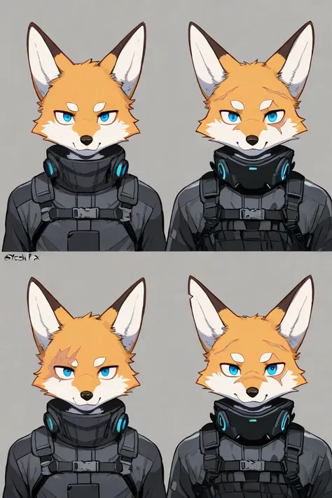 male furry fox, techwear, blue eyes, 1 boys, 1 scars on eyes, simple backgrounds, same picture, different views