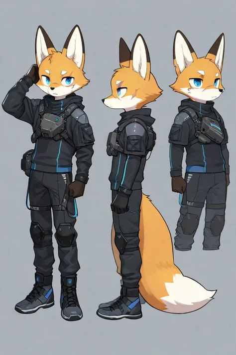 male furry fox, techwear, blue eyes, 1 boys, 1 scars on eyes, simple backgrounds, same picture, different views