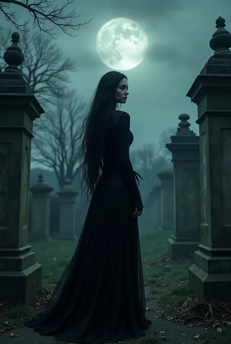 Shady woman with long black hair and white skin,Wearing gypsy clothes in the color black and brenca,At the cemetery during the night.