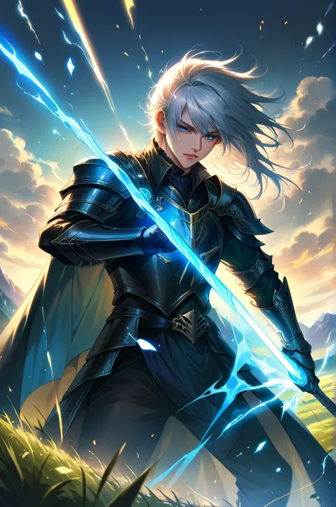 ultra detailed, HDR, ULTRA REALISTIC, absurdities,  highres,  masterpiece, Noctis lucius Caelum , Warrior in black armor, ornate. Use a yellow lightning sword that has the power of light magic, aura of light.  He wears a cape that flows like shadows ,  str...