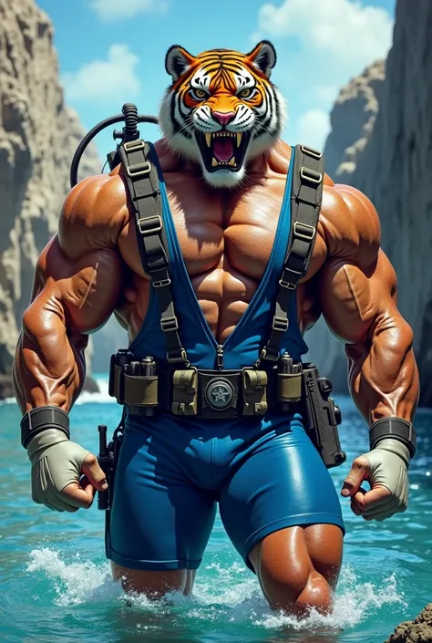 (A rugged beefy extremely muscular bulky angry old man), (wearing blue fully-zipped fullbody wetsuit with very short swimming pants that show his muscular thighs), (wearing realistic roaring tiger mask), thumbs up pose, wearing bulky harness, wearing bulky...