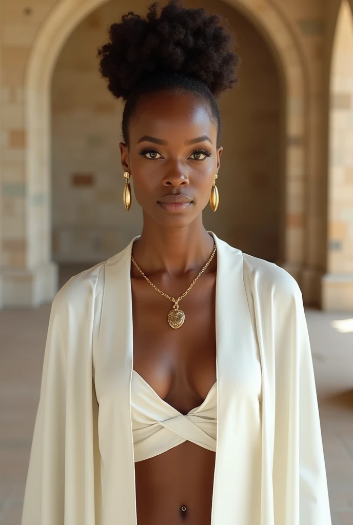 African-american female, elegant haìr bun, white cream silk cape, white Leyndellian midriff priestess dress,navel piercing,in a Leyndellian temple,potrait 