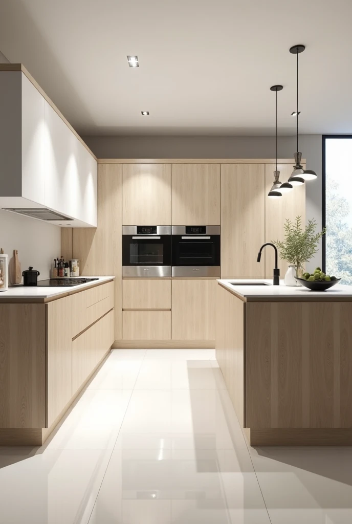  modern large corner kitchen without windows and doors with good lighting , material light wood, table top - light stone, with built-in appliances,  spacious kitchen  , requires a connection to the hall, well sanctified ,  colors close to white, The floors...