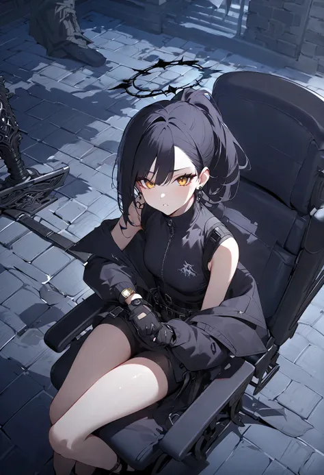  Masterpiece,  in the seat, Sword Halo , Hunter \(Bloodborne\),  above Decorati has ,  kha _two,ponytail,yellow eyes,black hair,black sportswear,black gloves,earrings, outdoor, gothic,  Watch Viewers ,