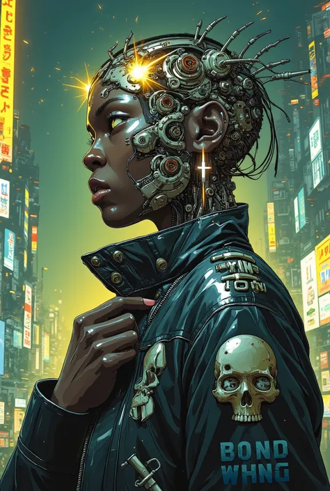 A cyberpunk portrait of a dark-skinned, bald-headed ebony woman with a futuristic and post-apocalyptic style. Her head is fused with intricate biomechanical machinery, featuring metallic gears, screws, and cybernetic cables emerging from her skull. Sparks ...