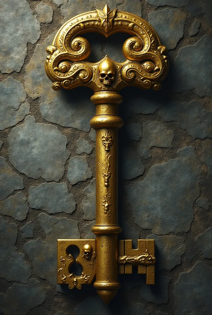 
 An imposing key entirely forged in gold rests on an ancient stone surface .  Its sturdy and heavy design suggests that it was created to lock something of great importance—perhaps a gate to a forgotten fortress or a colossal padlock from an ancient priso...