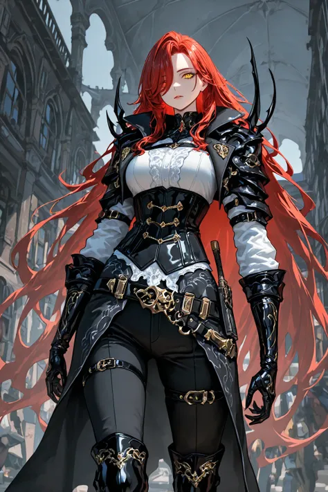   1 girl, golden eyes,   red hair top, very long red hair , Cool,   beautiful,   black pants with pockets on the sides, Weapon belt around the waist , white top with black corset ,  black boots,  black daggers in the hands, mysterious atmosphere, in the ba...