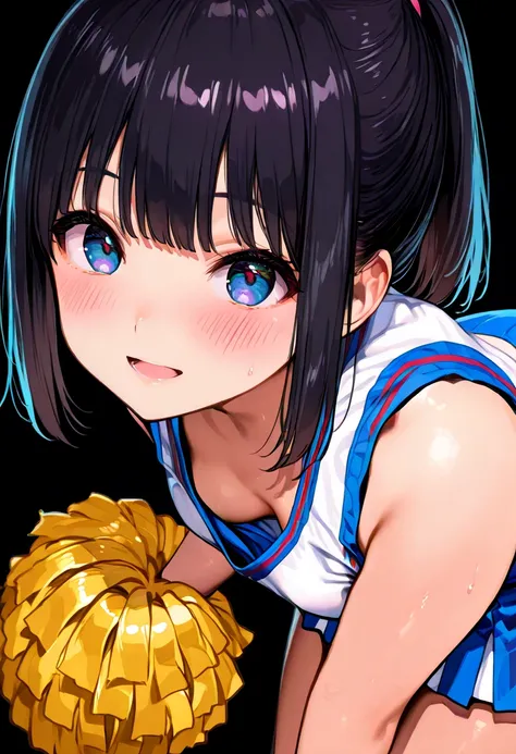 8K, detailed-anime, cute short girl, face focus, open mouth smile, blush, small breasts, hanging_breasts, breasts_apart, (cheerleading uniform:1.2), pom-poms, ponytail, black hair, leaning forward, (black-background:1.2), dynamic-lighting, front view, deep...