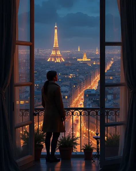 A view of paris at night from a balcony 