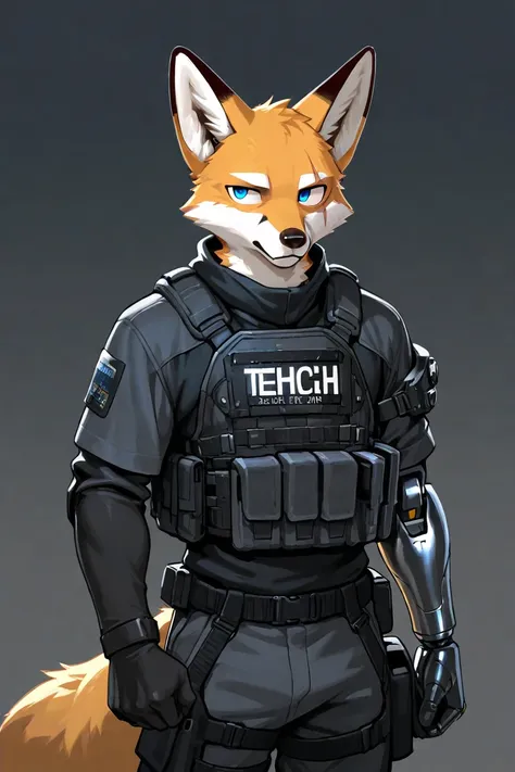 male furry fox, techwear, blue eyes, 1 boys, 1 scars on eyes, simple backgrounds, tactical gear, robotic arm