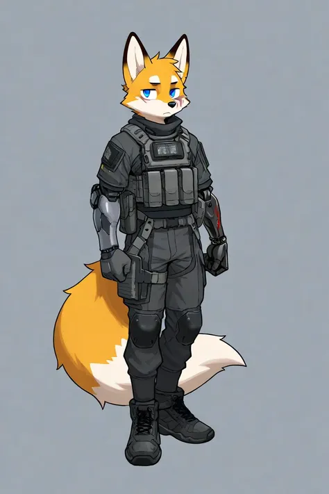 male furry fox, techwear, blue eyes, 1 boys, 1 scars on eyes, simple backgrounds, tactical gear, robotic arm