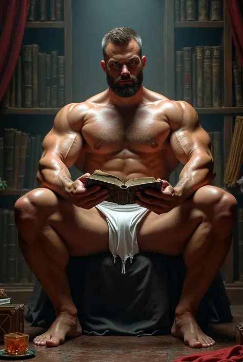 Wizard, Male, Short Hair, Burly, Bodybuilder, Bare upper body, Glute muscle, Leg muscle, Sit, Erotic pose, Looking at viewer, White Loincloth, Magic, Book, Mysterious Library