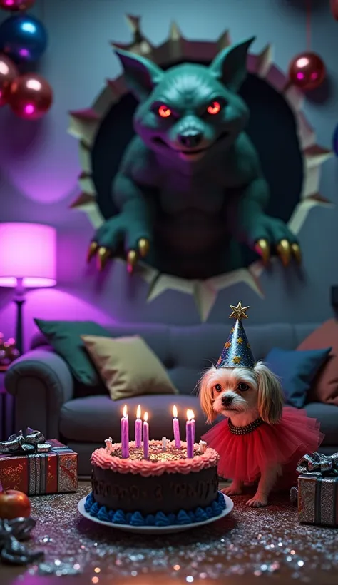  A birthday celebration in a distorted and macabre setting . In the background,  an unusual and terrifying monster ,  with twinkling red eyes and golden claws ,  bursts through a shattered wall .  The living room is adorned with a purple and silver , Blue ...