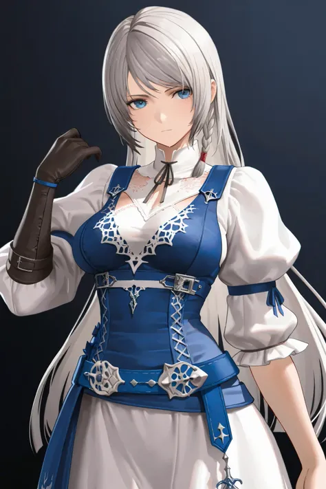 NSFW, Masterpiece, top quality, Hi-Res, very detailed that ,Jill\(Final Fantasy XVI\), long hair、Gray Hair、 Single Blade、Side Braid、 blue eyes, dress、 white shirt 、neck ribbon、 puffy sleeves、Blue vest、Blue Belt、 black gloves、One glove