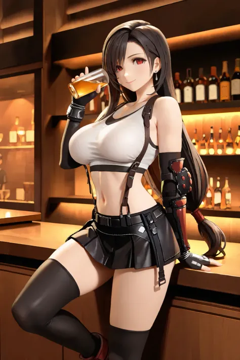 NSFW, Masterpiece, top quality, Hi-Res, very detailed that ,Tifa\( Final Fantasy VII\), red eyes、 black hair、 long hair tied low、 earrings、 sports bra、 black suspenders 、 pleated miniskirt full of love、 black knee socks 、 arm guard、 elbow gloves、Fingerless...