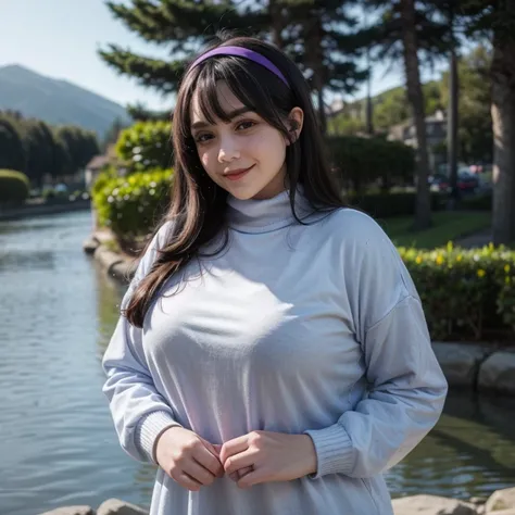 ((((bbw  )))) a woman in a dress standing in front of a river, long hair, breasts, blush, smile, bangs, large breasts, long sleeves, hair between eyes, purple eyes, purple hair, ahoge, hairband, outdoors, day, water, black dress, sweater, tree, lips, turtl...