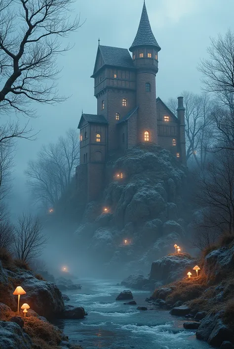 Create an image of a magical and mysterious high brick castle with a tiled roof and small upper turrets with wooden beams, where fairies live,  sprite and gnomes fly around . The tower stands on a hill  , below you can see a river shrouded in fog,  create ...