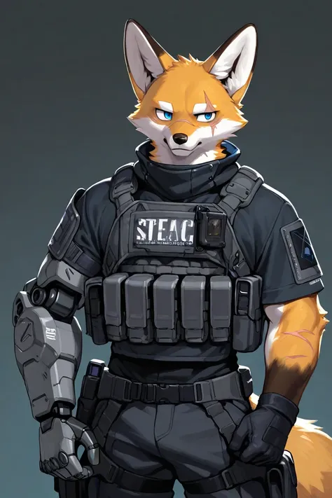 male furry fox, techwear, blue eyes, 1 boys, 1 scars on eyes, simple backgrounds, tactical gear, robotic arm