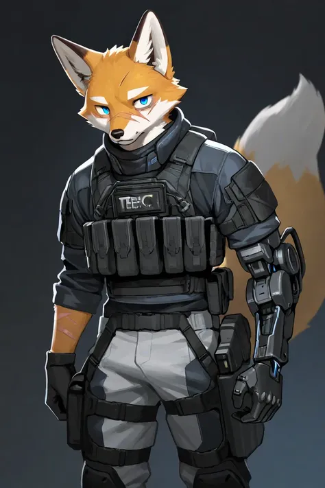 male furry fox, techwear, blue eyes, 1 boys, 1 scars on eyes, simple backgrounds, tactical gear, robotic arm