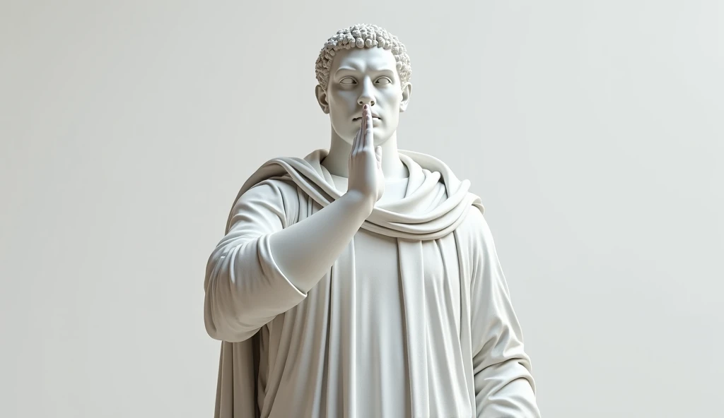 STRONG AND POWERFUL STOIC MARBLE STATUE MAKING A GESTURE OF SILENCE,  looking straight ahead