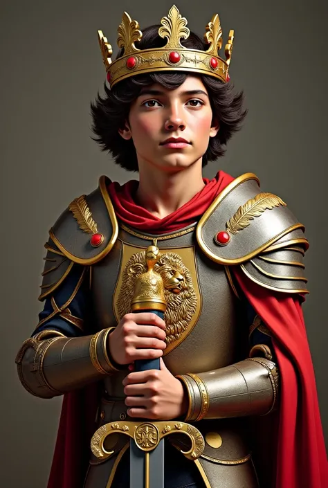  create a 19-year-old boy , Brown skin,  wavy hair, Tupy Guarani indigenous Tupy Guarani look, With European nose mix, with war armor with a lion and a heart, wearing a gold crown while holding a sword