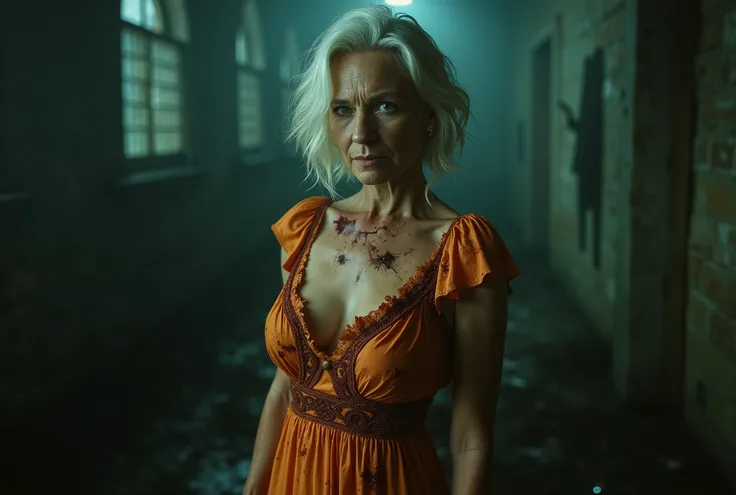 cinematographic photograph of a beautiful woman with white hair, 70 years old, green eyes, short hair, sexy and sculptural body, beautiful breasts, wearing a tight and low-cut sexy light orange dress, old and worn, stained with blood, in the background a d...