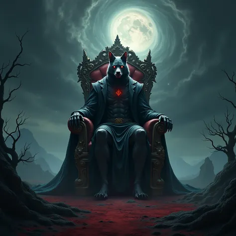 a wolf in human form sitting on a throne on a hill in the underworld with red eyes