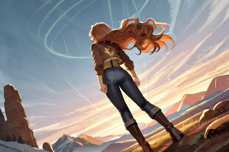  A man with his back.  wavy hair, not very long hair.  brown-haired woman. Brown jacket. Dark jeans, dark boots . Standing on top of a high rocky mountain .  You are seeing the first rays of dawn on the horizon .  The sunrise floods a distant forest with t...