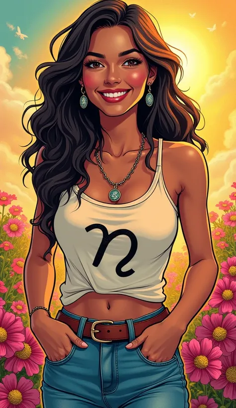 A discreet and casual image of an adult American latin woman in comic book style, smiling and appearing happy. She is dressed in casual and tasteful clothing, she is wearing a top with the Capricorn sign symbol and jeans, looking approachable and friendly....