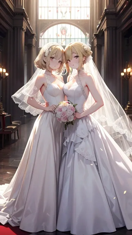 two friends,  one sexy blonde and the other seductive brunette , The two prepared for houses ,  wearing beautiful wedding dresses ,  Abundant necklines ,  the blonde holding a machine gun and the brunette holding two guns one in each hand, In the middle of...