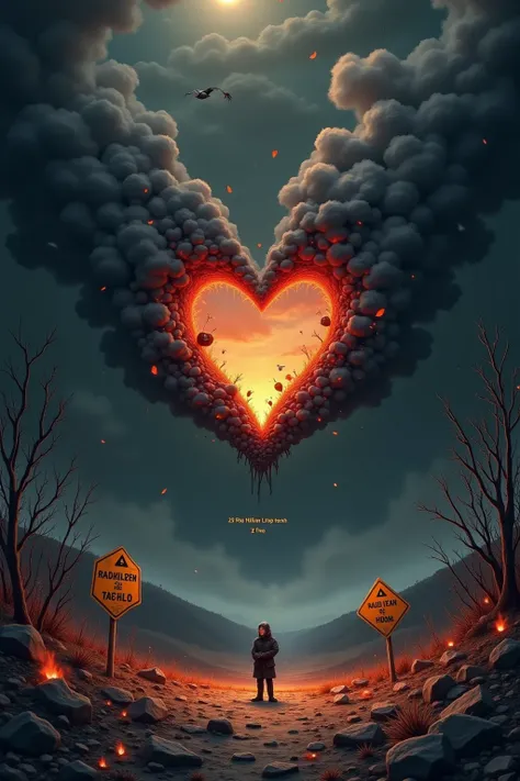 
The artwork depicts a symbolic heart that has been damaged and contaminated, representing deep emotional pain. At the center is a heart-shaped structure surrounded by dark smoke and radiation warning signs. The landscape around the heart shows burned tree...